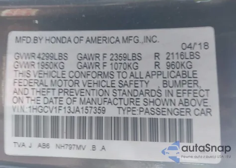 2018 Honda Accord Lx z USA, uszkodzony, nr VIN 1HGCV1F13JA157359